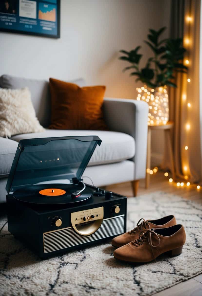 A cozy living room with a record player, fairy lights, and a playlist of upbeat songs. Two pairs of dancing shoes sit nearby