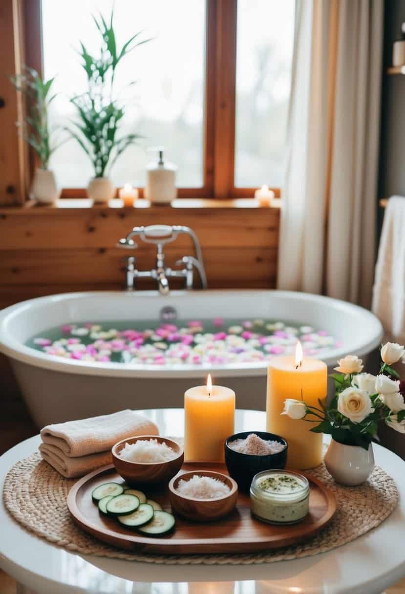 A cozy bathroom with candles, soft towels, and a bath filled with flower petals and essential oils. A table with homemade face masks, scrubs, and cucumber slices