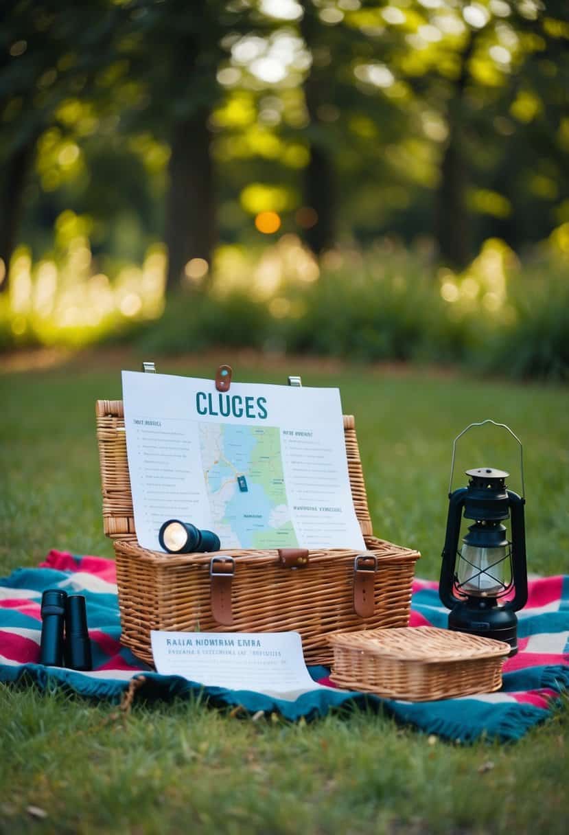A cozy outdoor setting with scattered items like a map, flashlight, and list of clues. A picnic blanket with a basket and lantern completes the scene