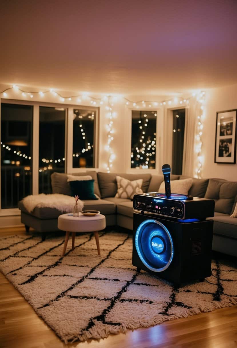 A cozy living room with a makeshift stage, twinkling lights, and a karaoke machine set up for a fun DIY date night for couples