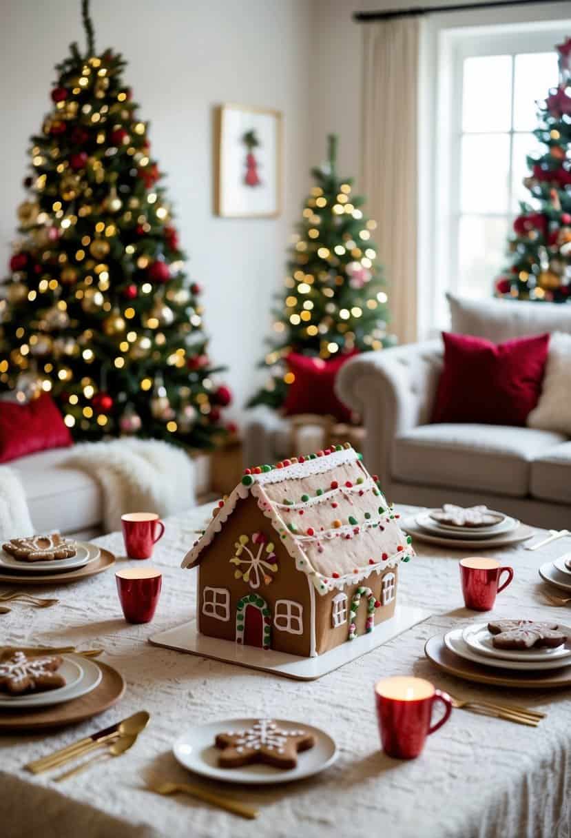 A cozy living room with a table set up for gingerbread house decorating, surrounded by festive decorations and twinkling lights