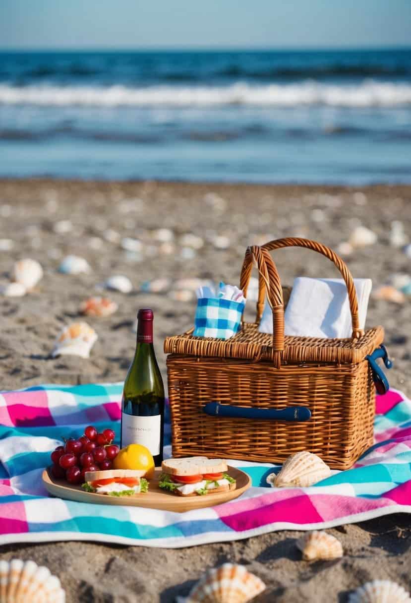 A colorful beach picnic setup with a checkered blanket, wicker basket, fruit, sandwiches, and a bottle of wine, surrounded by seashells and a view of the ocean