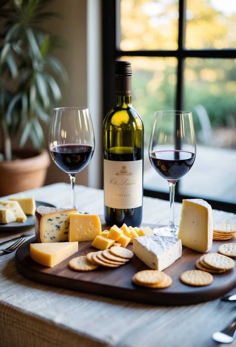 A cozy table set with a variety of cheeses, crackers, and a bottle of wine. Two glasses are filled and ready for a romantic at-home tasting experience
