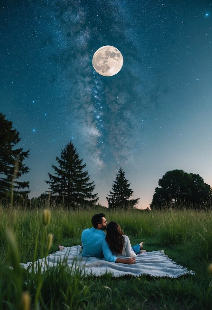 A couple lies on a blanket under a star-filled sky, surrounded by tall grass and trees. The moon casts a soft glow over the serene scene