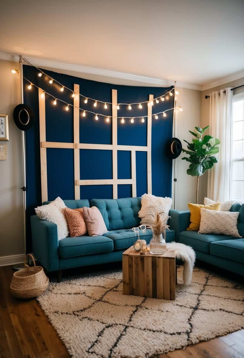 A cozy living room with a makeshift photo booth backdrop, string lights, and props like hats and glasses