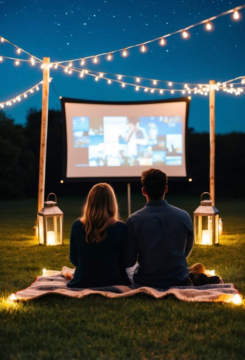 A couple sits on a blanket under the stars, watching a movie projected onto a large screen in a grassy outdoor setting. Fairy lights and lanterns illuminate the area, creating a cozy and romantic atmosphere