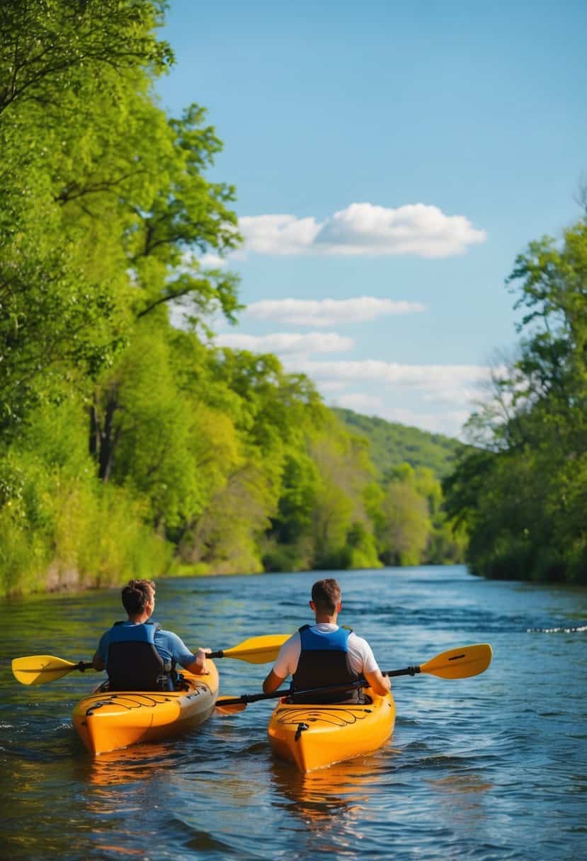 A couple kayaking on a peaceful river surrounded by lush green trees and clear blue skies