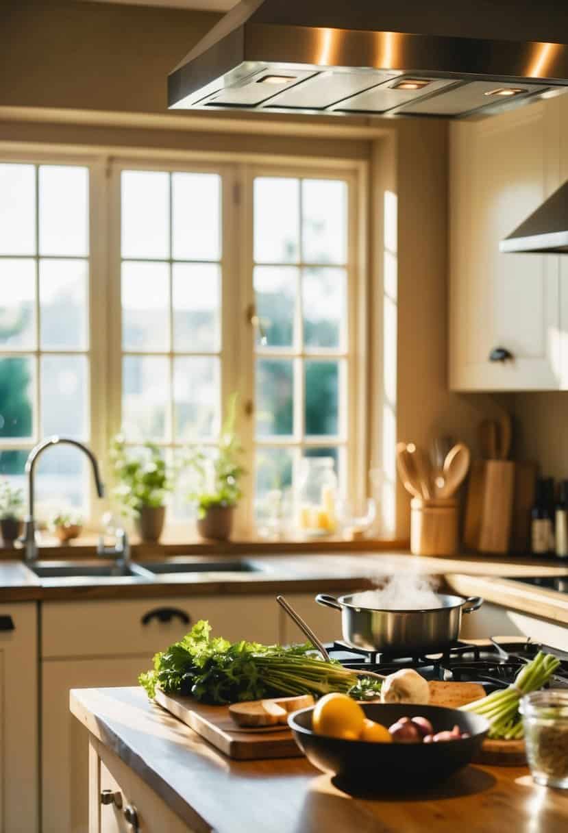 A cozy kitchen with a chef's table, fresh ingredients, and cooking utensils. Sunlight streams in through the window, creating a warm and inviting atmosphere