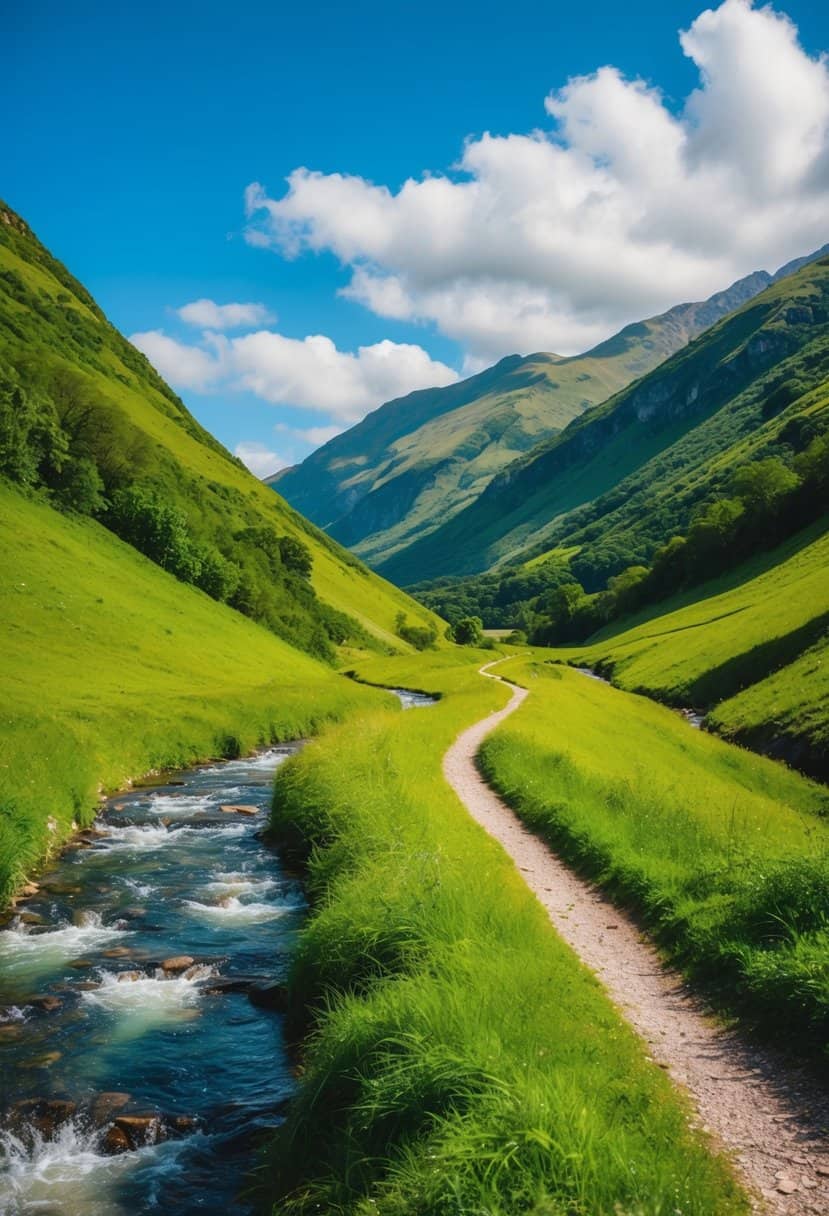 A winding trail through lush green mountains, with a clear blue sky overhead and a sparkling river flowing alongside