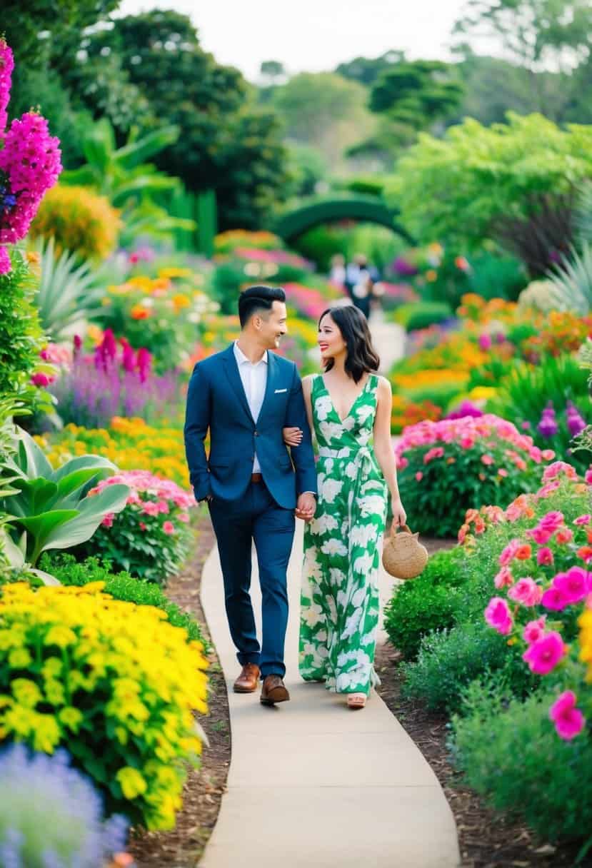 Vibrant flowers and lush greenery fill the botanical garden. A couple strolls along winding paths, surrounded by colorful blooms and the sounds of nature