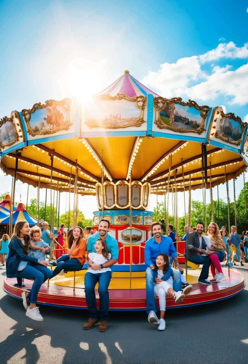 Colorful carousel spinning under a bright sun with a clear blue sky, surrounded by joyful families and couples enjoying the amusement park