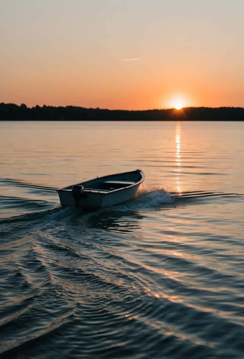 A serene lake with a small boat gliding through the rippling water as the sun sets in the distance, casting a warm orange glow across the sky
