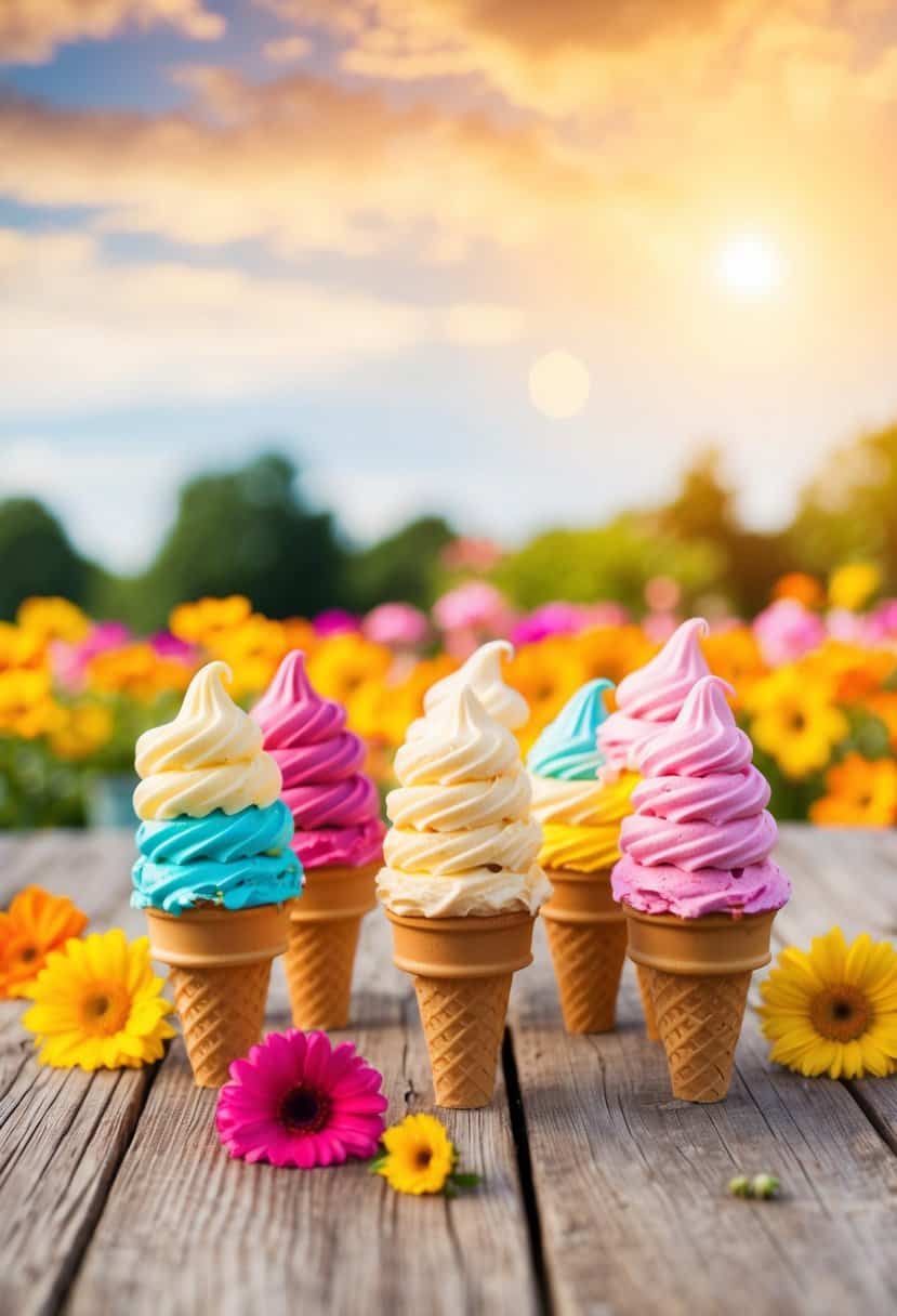 A colorful assortment of ice cream cones on a rustic wooden table, surrounded by bright summer flowers and a warm, sunny sky
