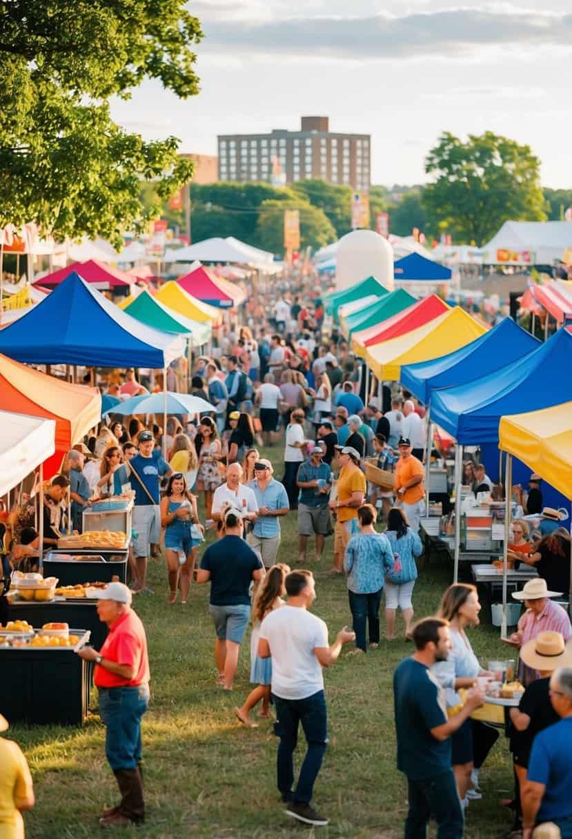 A bustling local festival with colorful tents, food vendors, live music, and joyful crowds enjoying summer date ideas