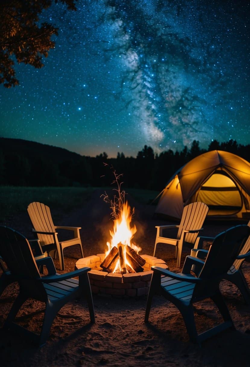 A cozy campfire surrounded by a circle of chairs, with a tent in the background and a starry night sky above