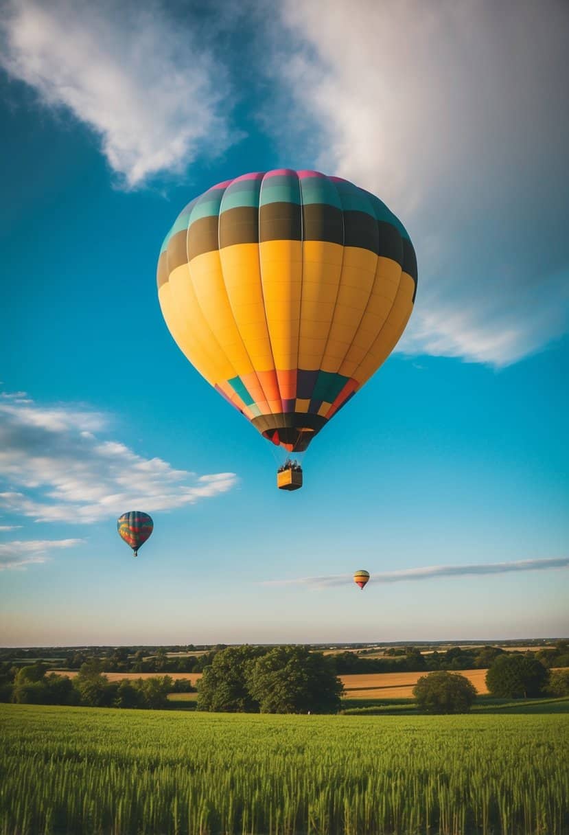 A colorful hot air balloon floats above green fields and blue skies on a sunny day