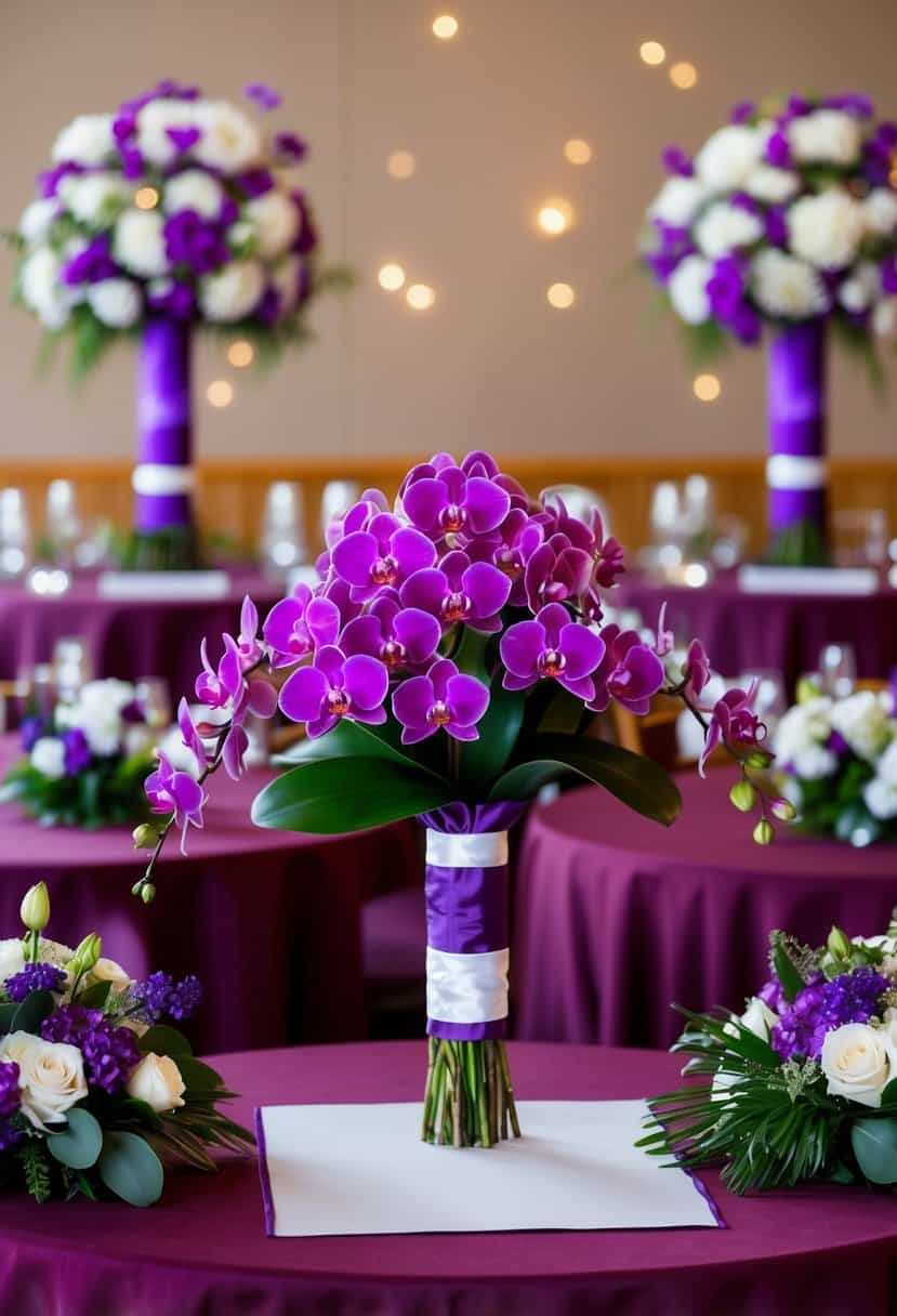 A purple orchid bridal bouquet sits on a burgundy tablecloth, surrounded by matching floral arrangements and decor