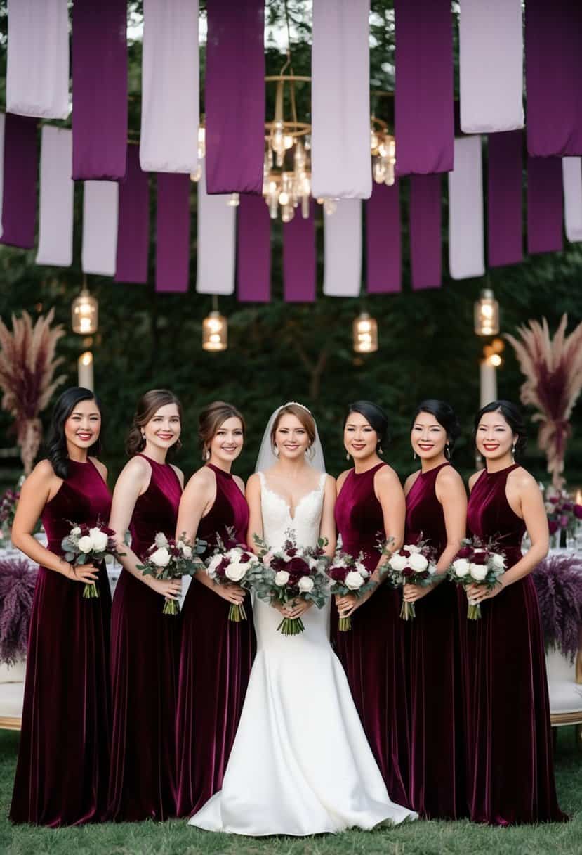 A group of burgundy velvet bridesmaid dresses arranged in a romantic wedding setting with purple and burgundy decor