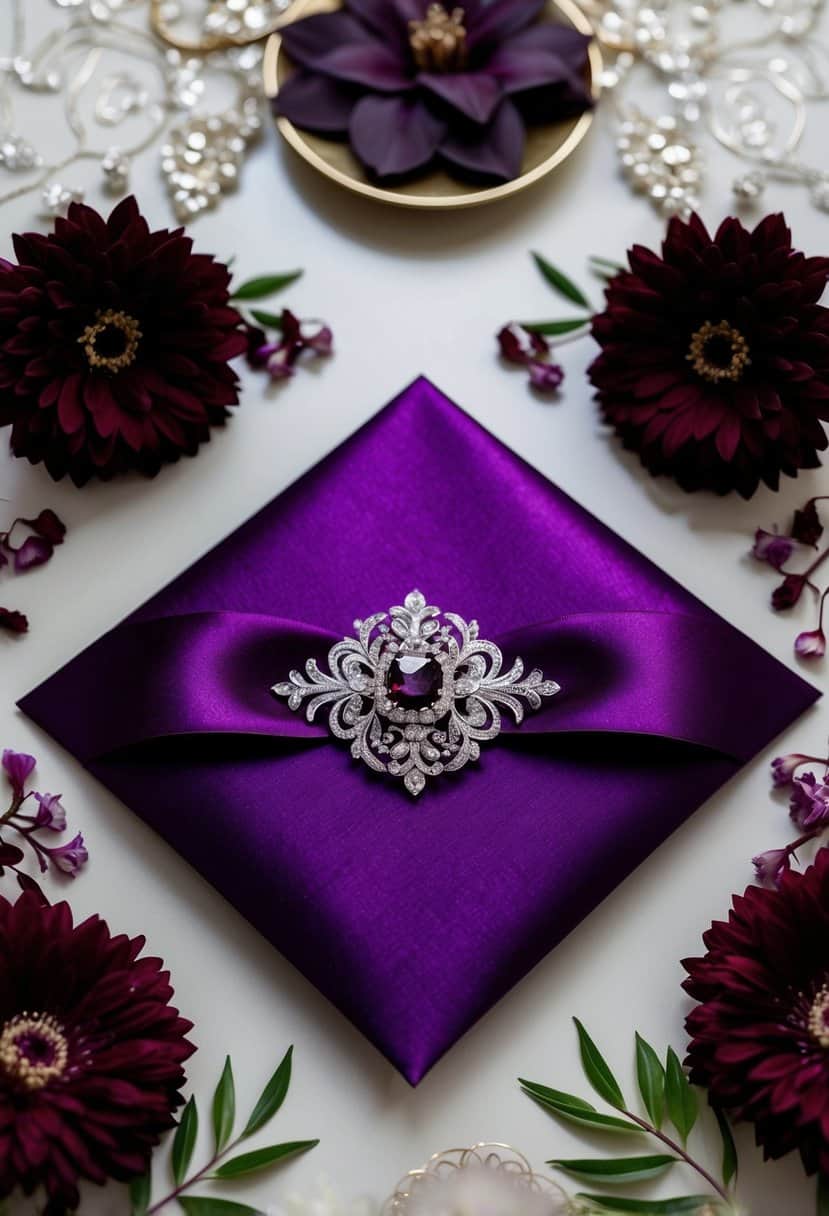 A luxurious purple satin wedding invitation surrounded by deep burgundy floral accents and elegant details