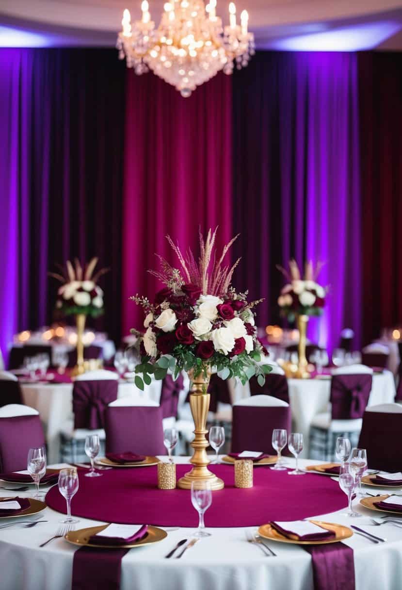 A grand table adorned with burgundy and gold centerpieces, set against a backdrop of rich purple and burgundy wedding decor