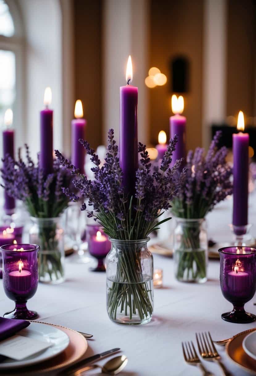 A table adorned with lavender-scented candles in purple and burgundy hues, creating a romantic and elegant atmosphere for a wedding celebration