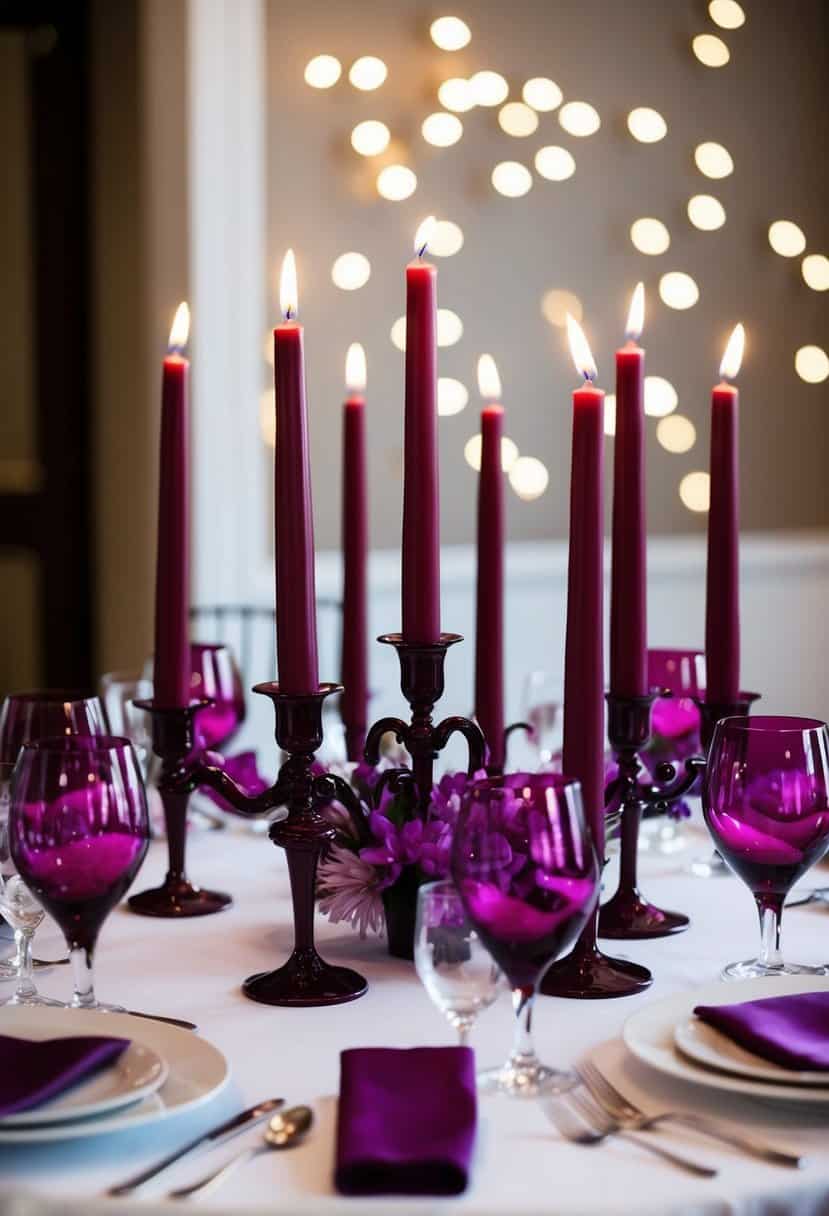 A table set with burgundy taper candles, surrounded by purple and burgundy wedding decor