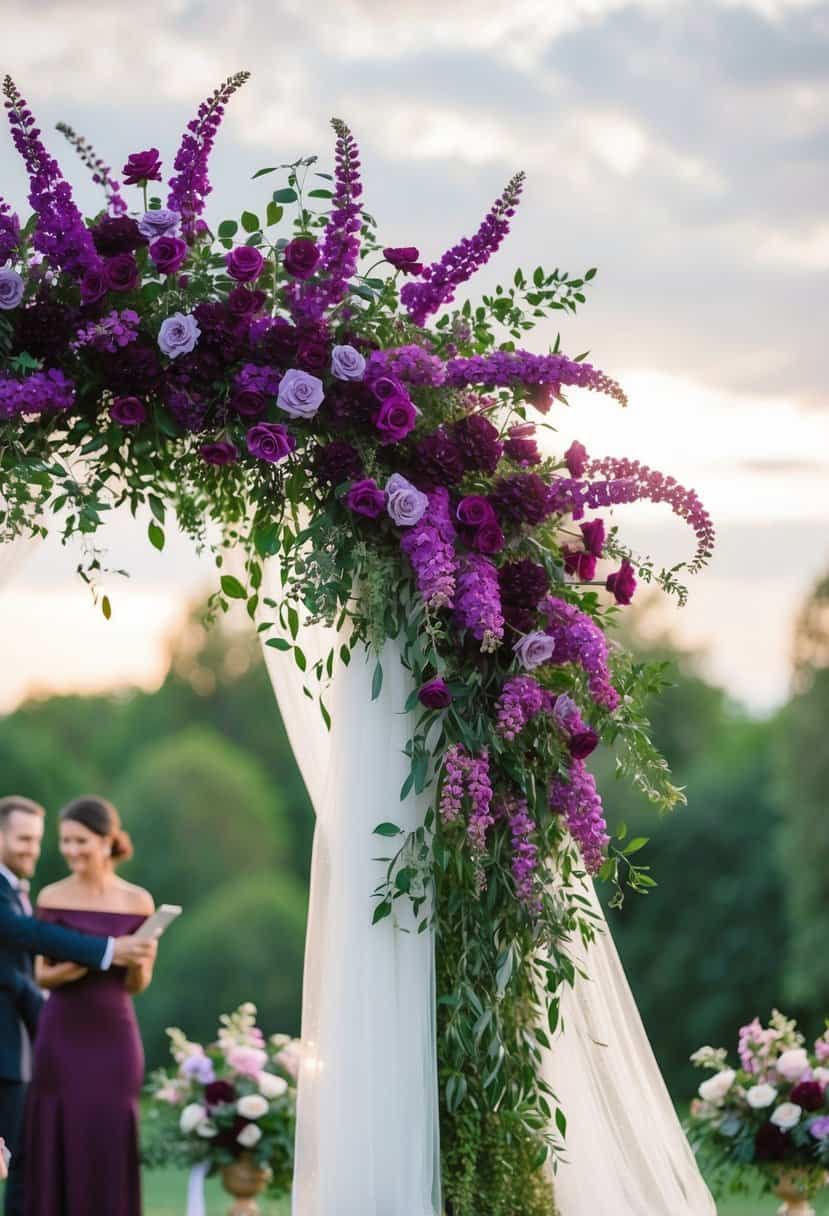 A lush flower arch with purple and burgundy blooms, set against a romantic wedding backdrop