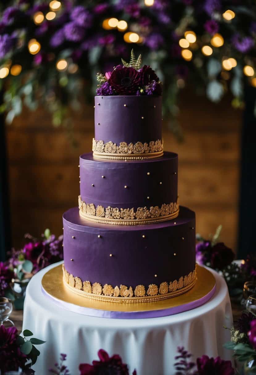 A three-tiered plum wedding cake adorned with gold accents sits on a table surrounded by purple and burgundy floral decorations