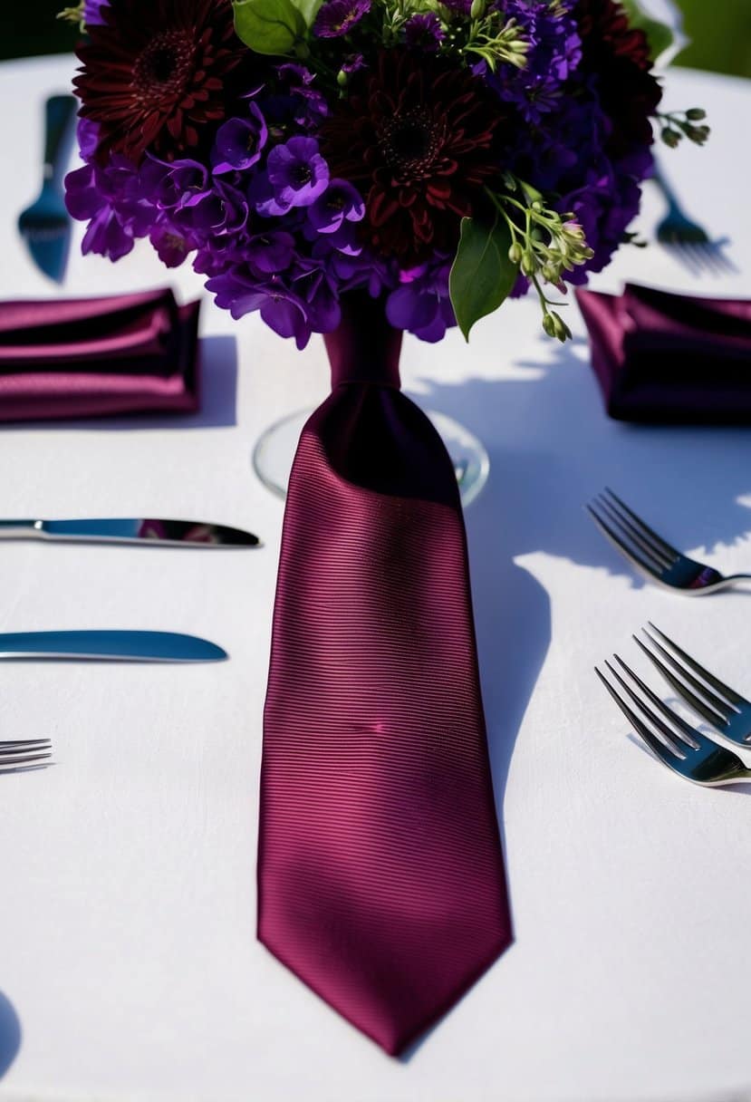 A burgundy silk tie draped over a purple and burgundy floral centerpiece on a white tablecloth