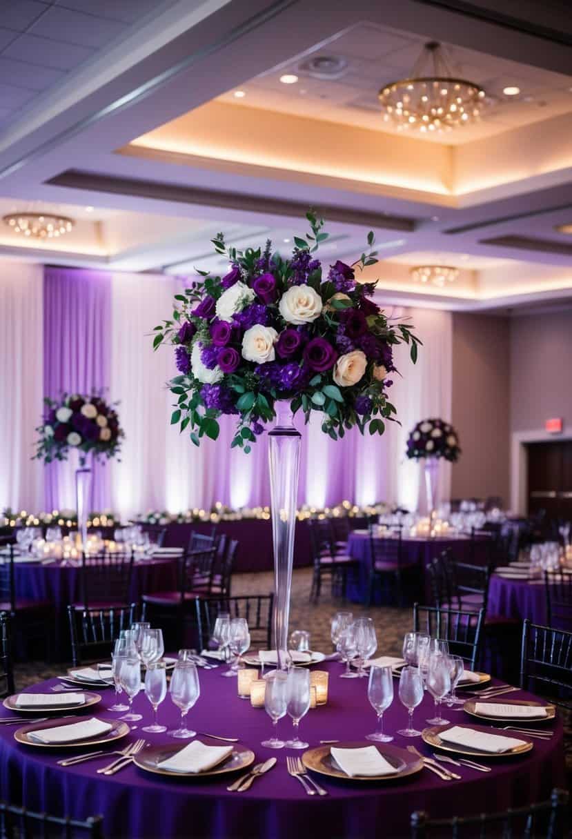 A reception hall decorated in shades of purple and burgundy, with floral arrangements, table settings, and lighting all reflecting the eggplant color scheme