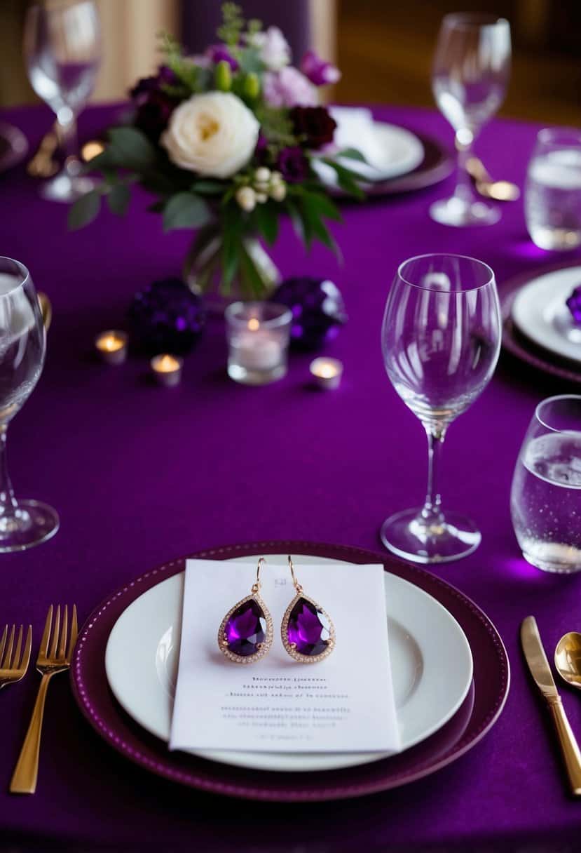 A table set with purple and burgundy wedding decor, featuring amethyst bridal earrings as a focal point