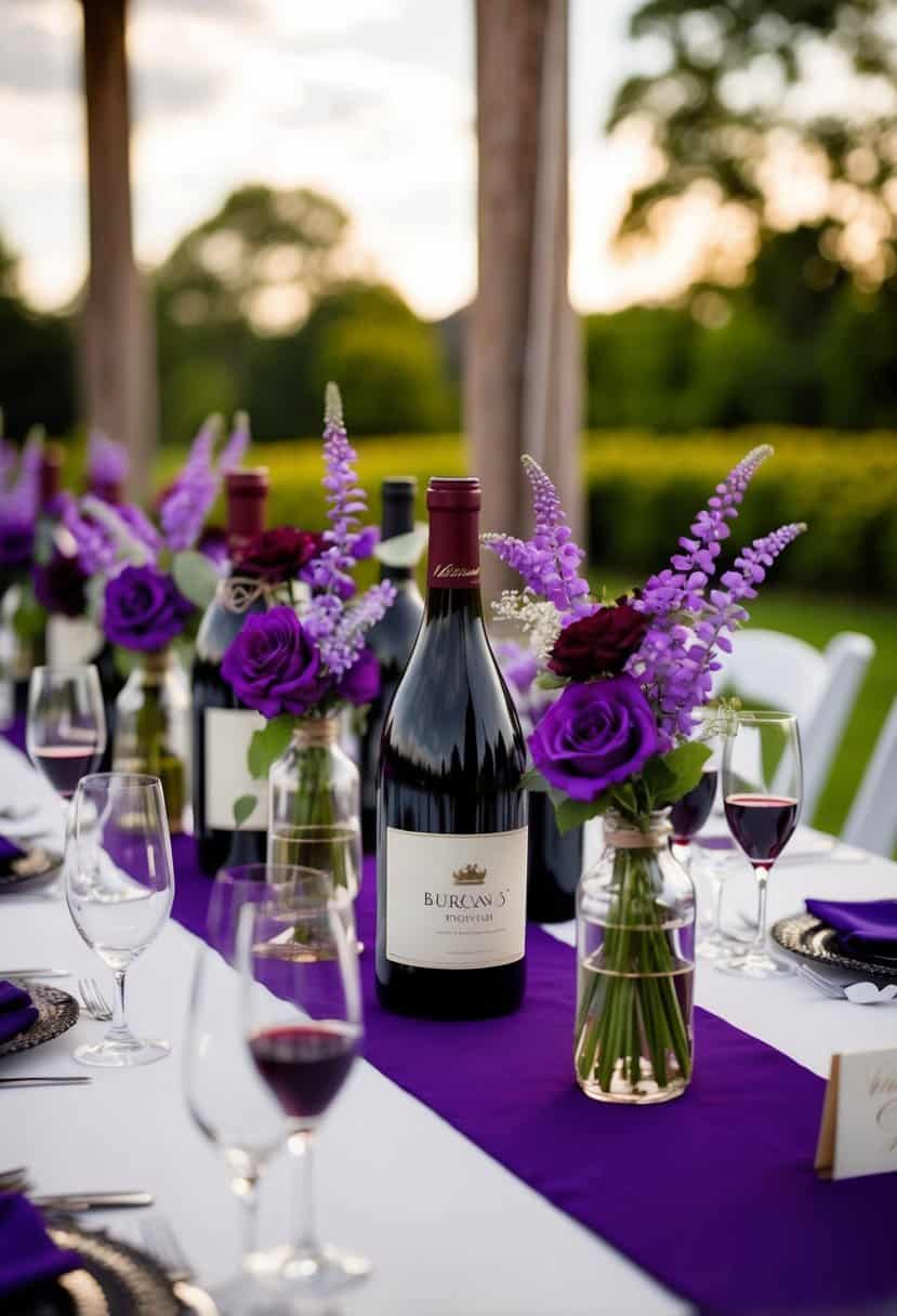 A table set with burgundy wine bottles and purple floral arrangements for wedding favors