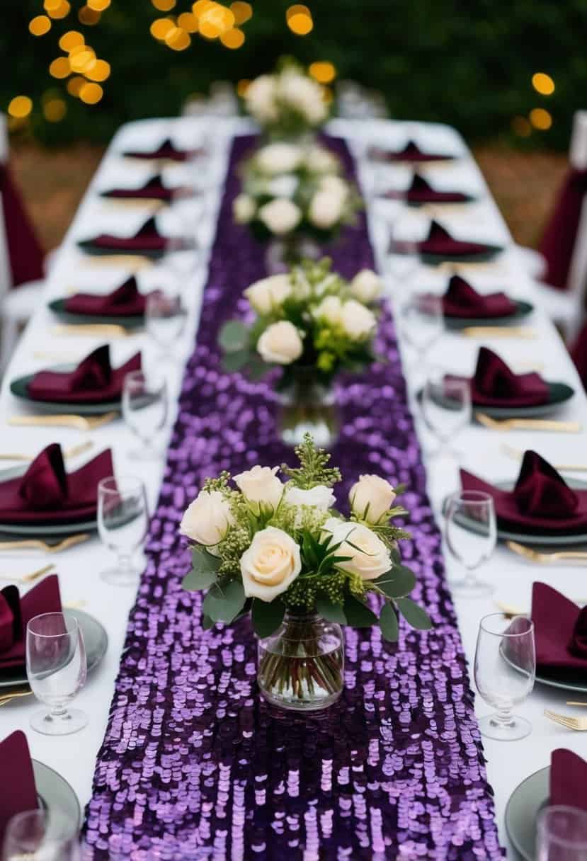 A table adorned with purple sequin runners, surrounded by burgundy wedding decor