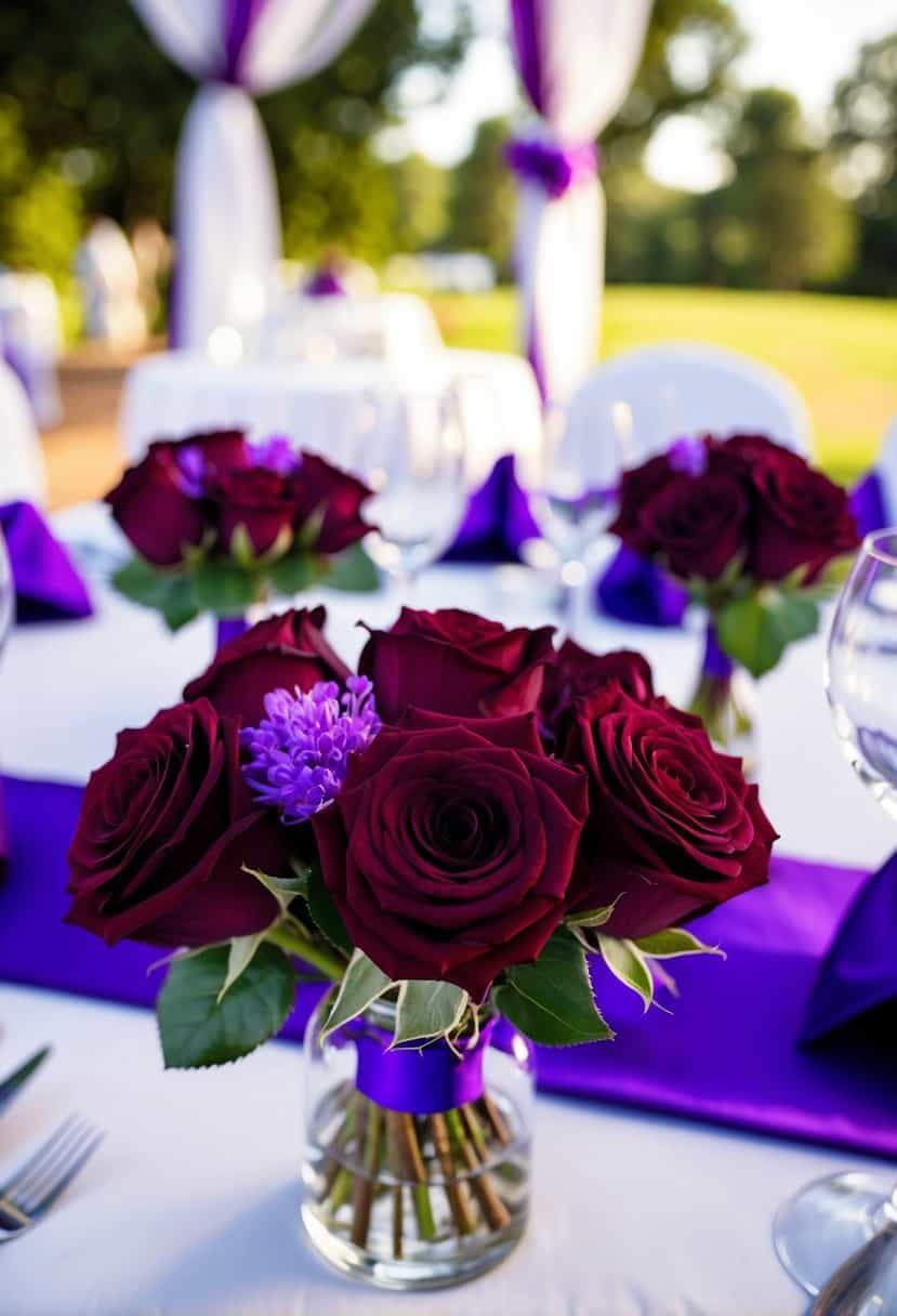 A table adorned with burgundy rose boutonnieres and purple wedding decor
