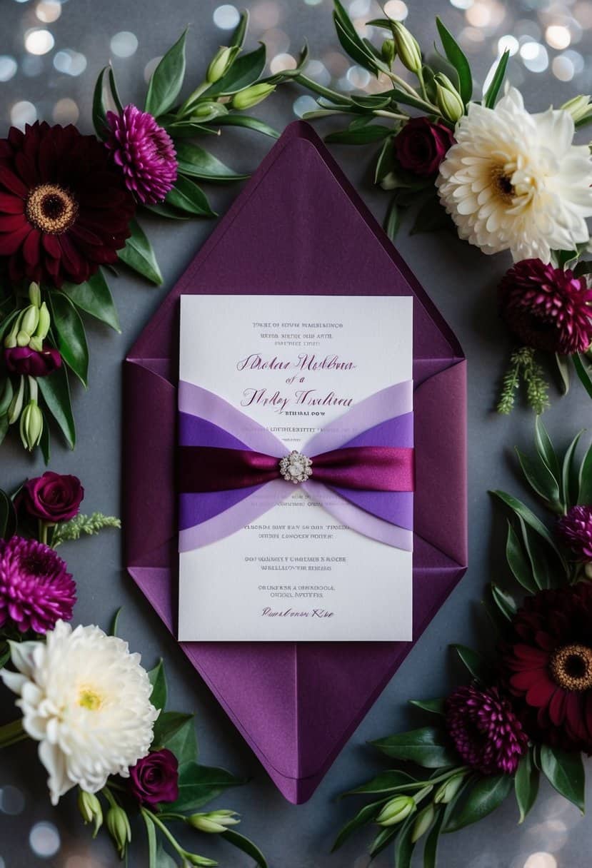 A wedding invitation suite featuring a purple ombre design with burgundy accents, surrounded by floral arrangements in matching colors