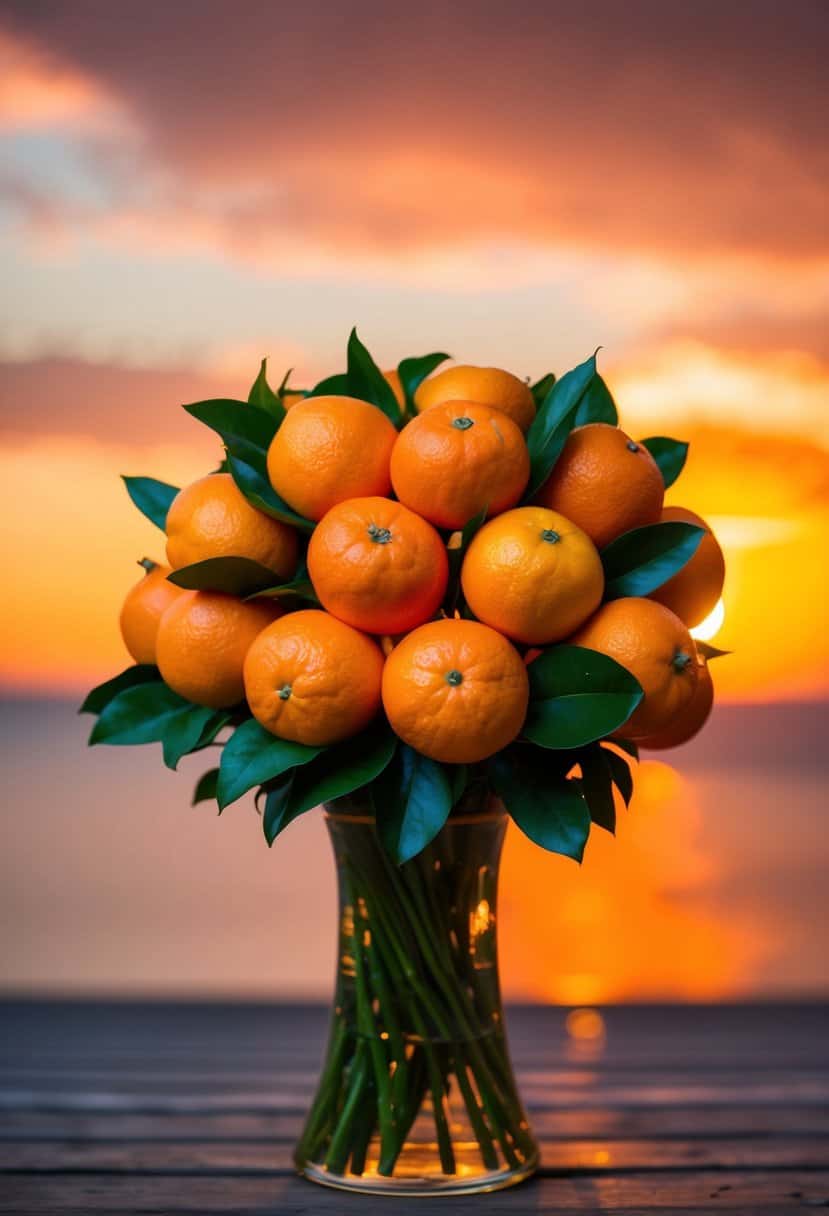 A bouquet of vibrant clementines set against a sunset sky, with warm orange hues casting a romantic glow