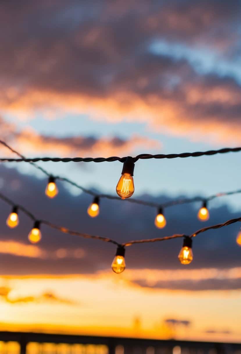 Amber string lights glow against a sunset sky, casting a warm orange hue, perfect for a wedding setting