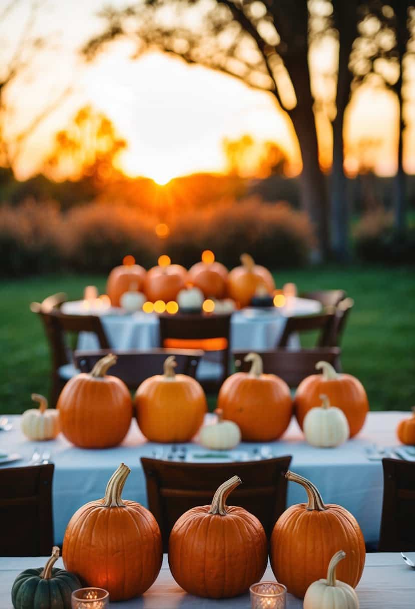 A tranquil sunset setting with pumpkin centerpieces in various shades of orange, creating a warm and inviting atmosphere for a wedding celebration
