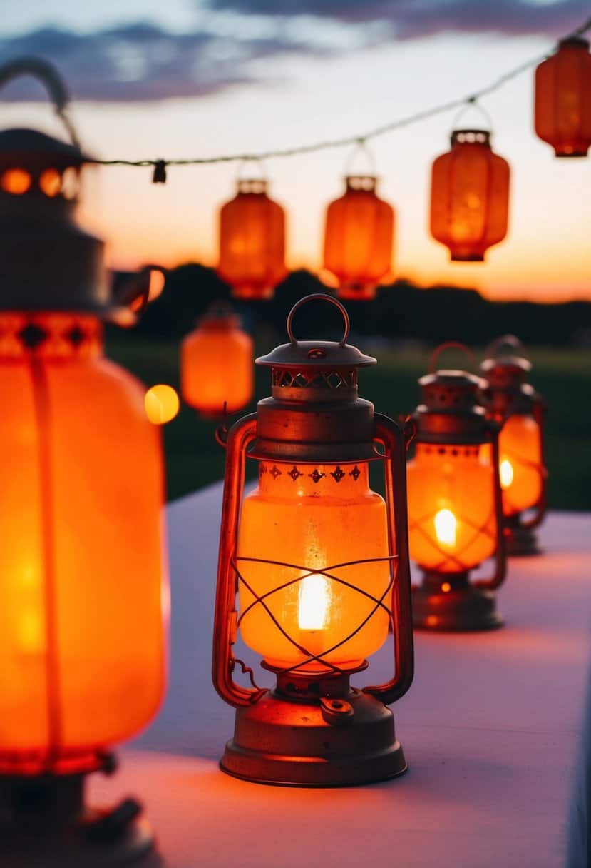 Rustic orange lanterns casting warm glow at sunset over a serene wedding setting