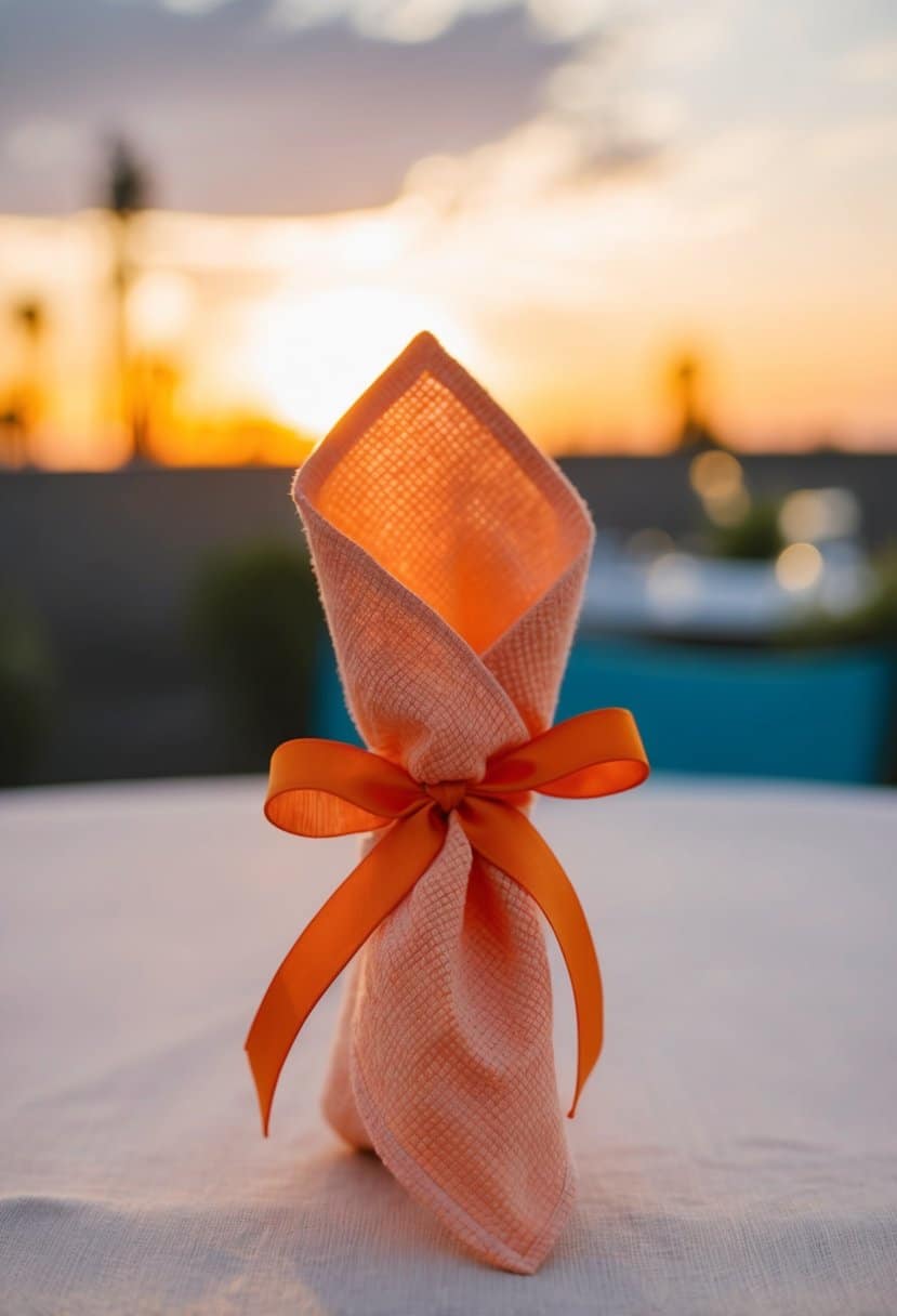 A peach napkin is tied with orange ribbon against a sunset backdrop