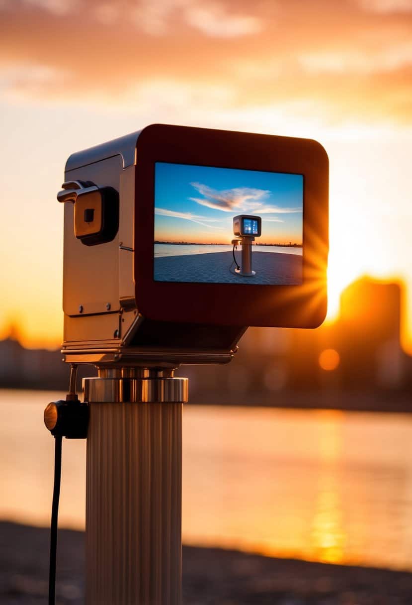 A photo booth at sunset with warm orange hues and golden light