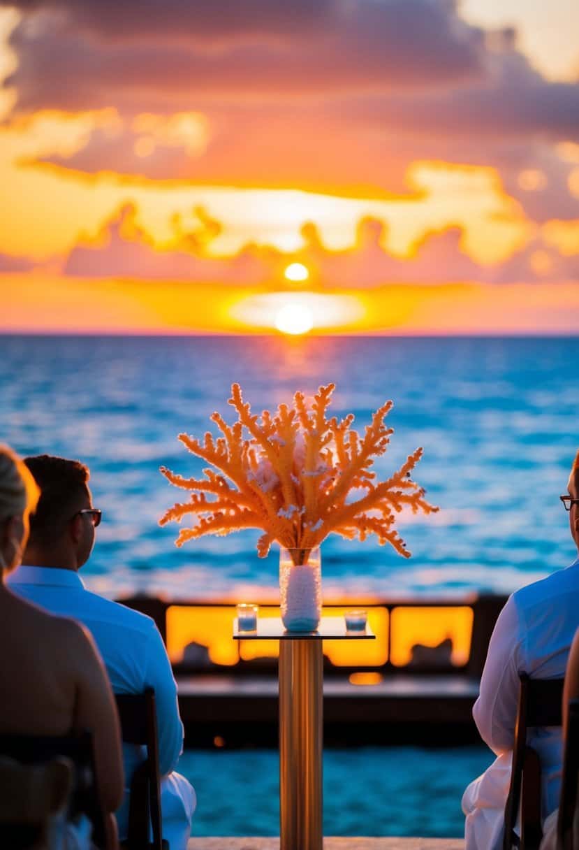 A vibrant orange sunset illuminates a coral reef, serving as a stunning backdrop for a wedding ceremony