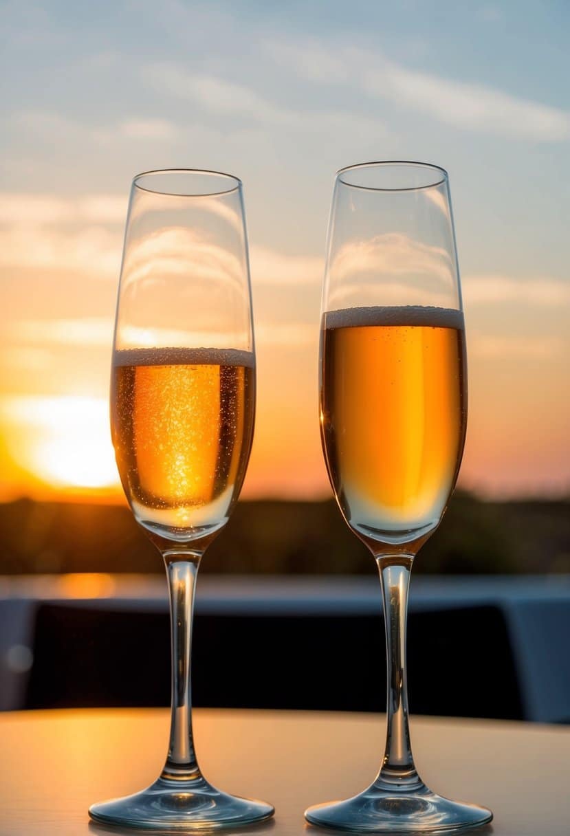 Two champagne glasses filled with saffron-colored liquid stand on a table, with the sunset casting a warm orange glow in the background