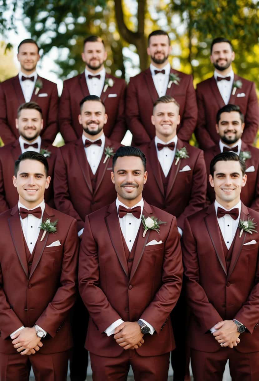 A group of chestnut red suits arranged in a stylish and coordinated manner, showcasing the cabernet red color theme for a wedding