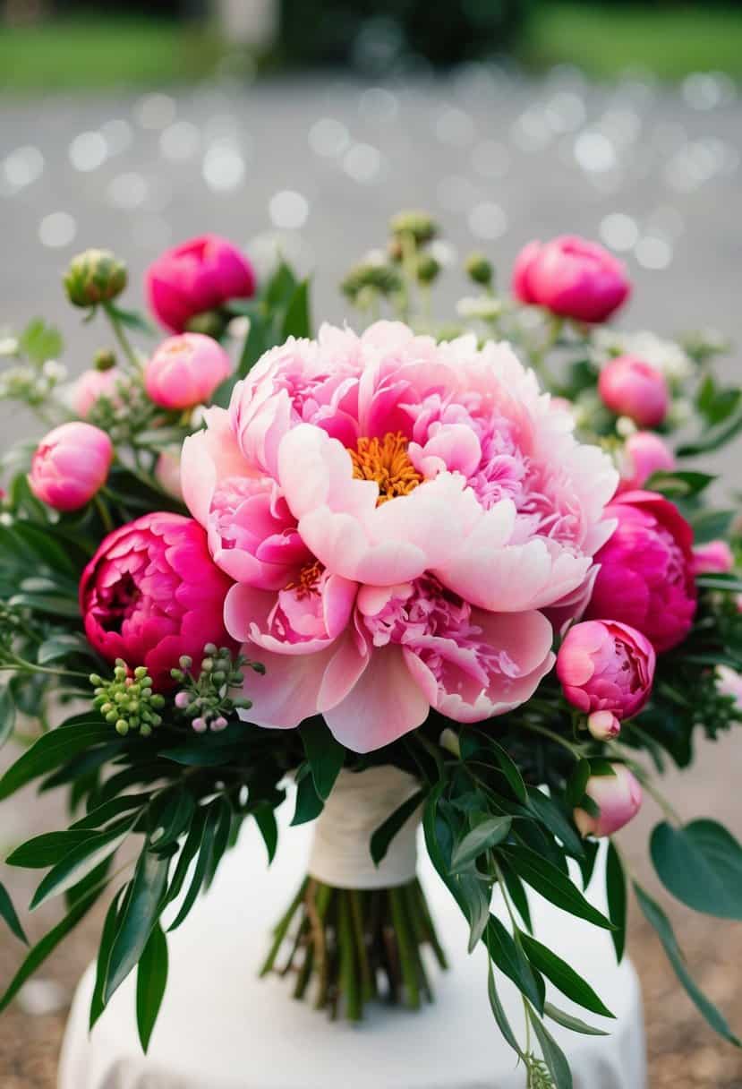 A lush pink peony bridal bouquet surrounded by smaller pink flowers and greenery