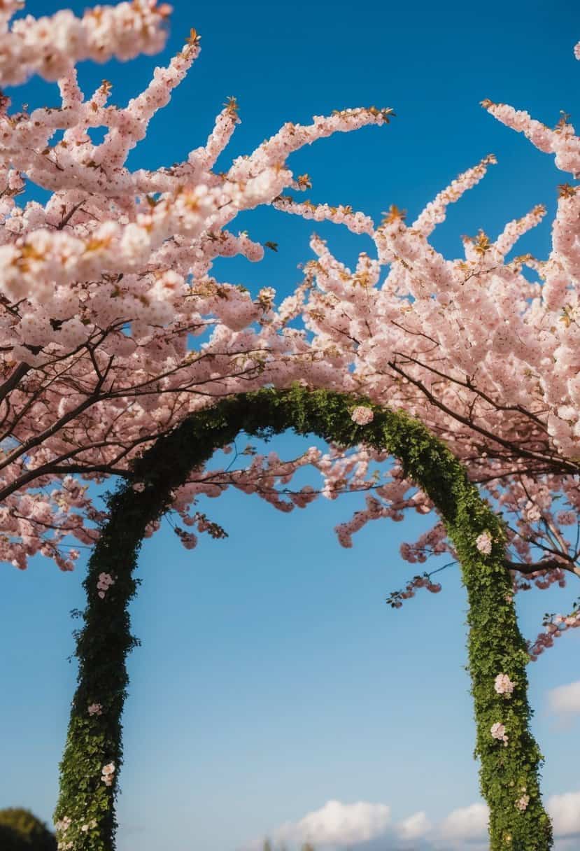 A wedding arch adorned with pink cherry blossoms under a clear blue sky