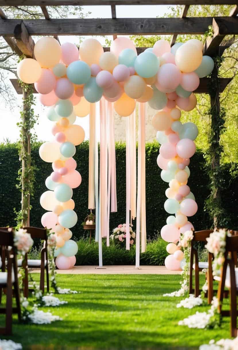 A lush garden setting with pastel balloon garlands cascading from a rustic wooden arch, creating a dreamy and romantic atmosphere for a spring wedding