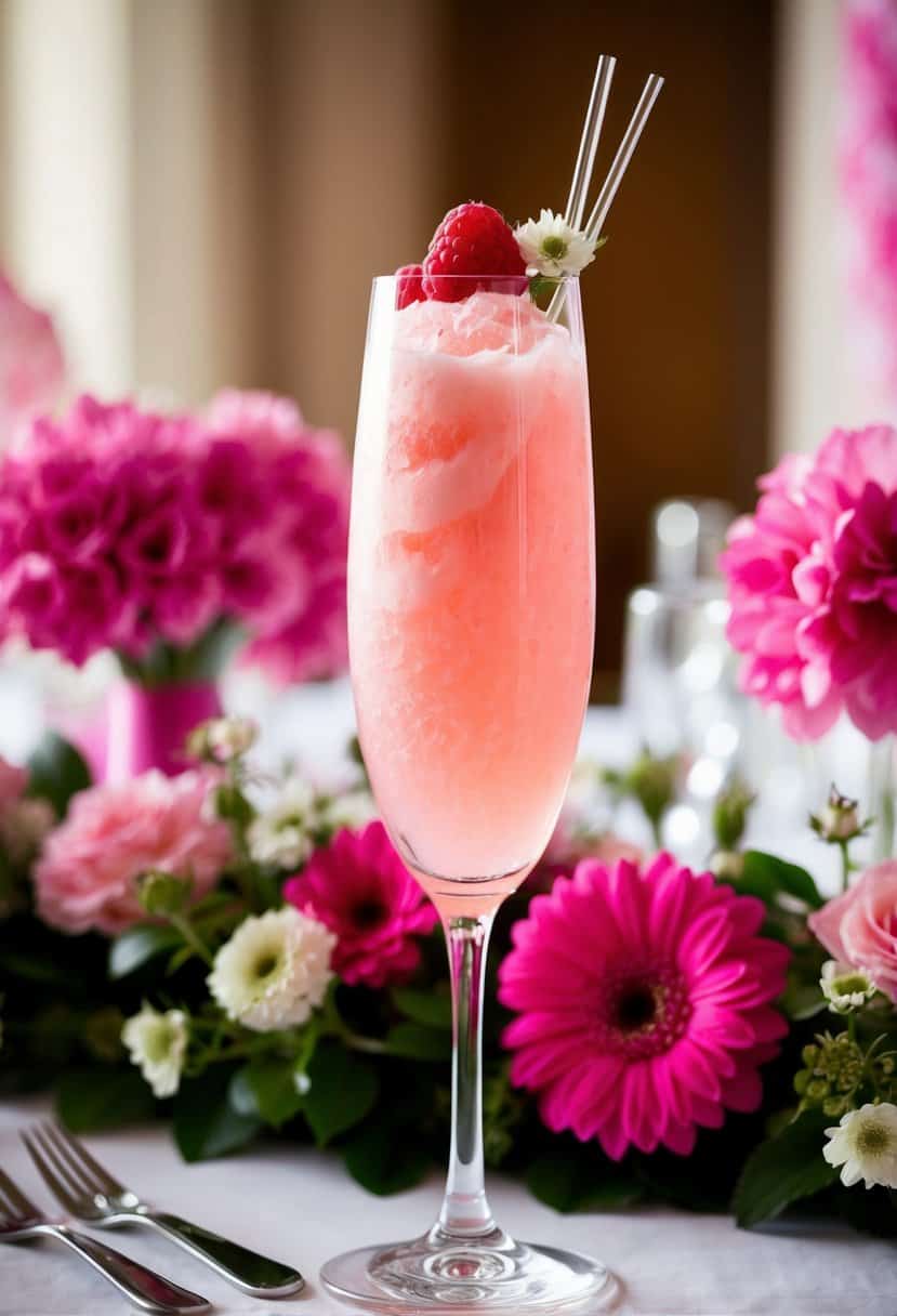 A tall glass filled with raspberry sorbet cocktail, surrounded by pink flowers and decor, set on a table at a wedding reception