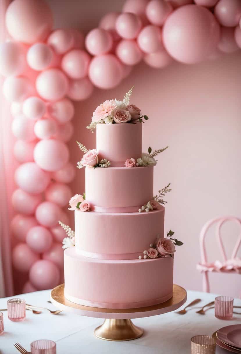 A three-tiered pink velvet wedding cake adorned with delicate floral decorations on a table surrounded by pink decor and soft lighting