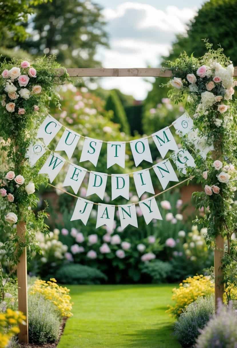 A garden adorned with custom wedding banners, surrounded by blooming flowers and greenery